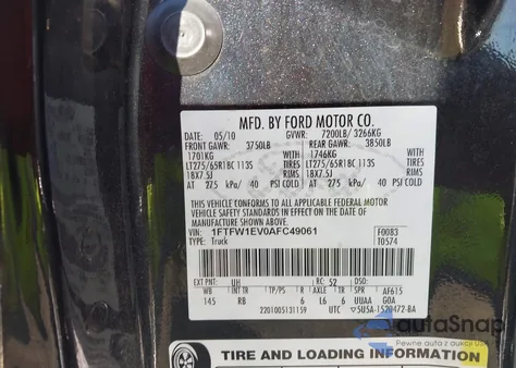 2010 Ford F-150 Fx4/Harley-Davidson/King Ranch/Lariat/Platinum/Xl/Xlt z USA, uszkodzony, nr VIN 1FTFW1EV0AFC49061